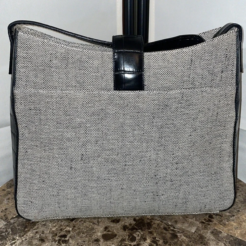 Canvas and Faux Black Croc Shoulder Bag 10”x10”